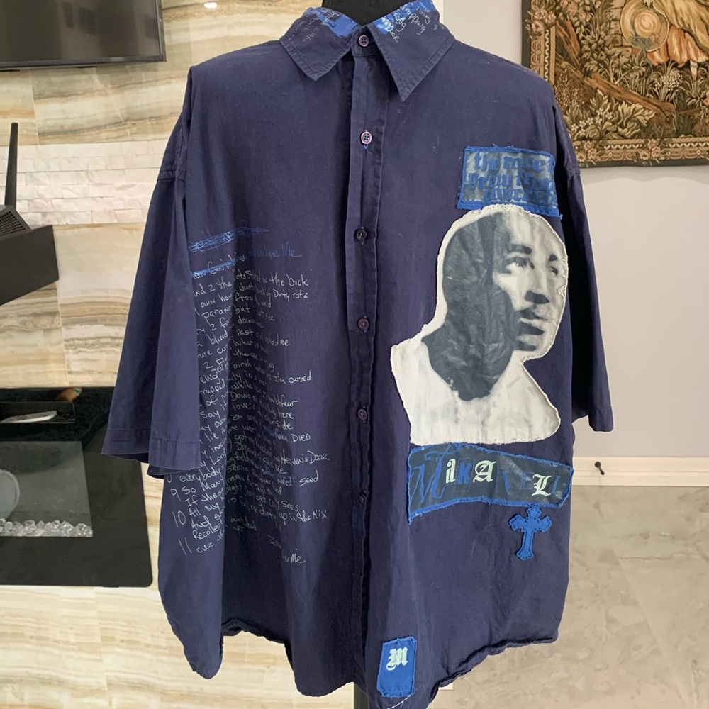 Makaveli Branded Tupac Tap Button Down Shirt Big Graphic Patchwork Blue XXL